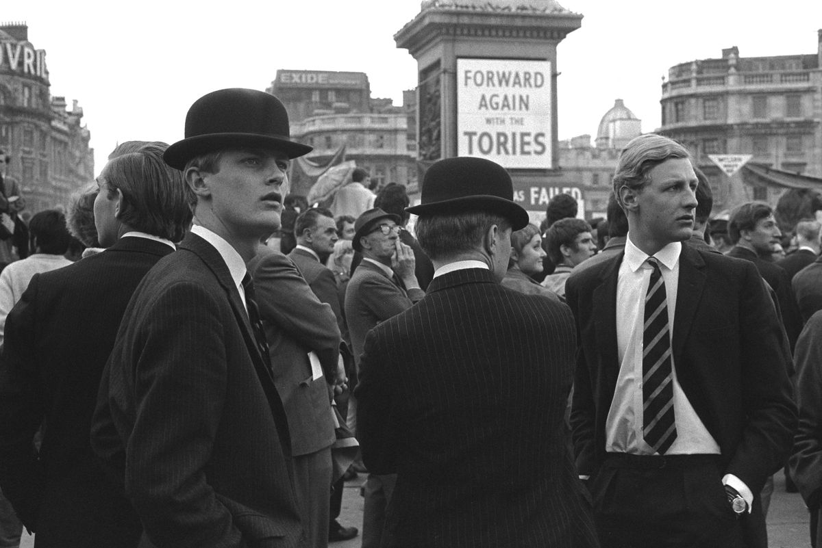 Trafalgar Square, London. 1968 Young Conservative at a Forward Again with the Tories rally. Harold Wilson the Labour party leader had been in power for the previous two years.