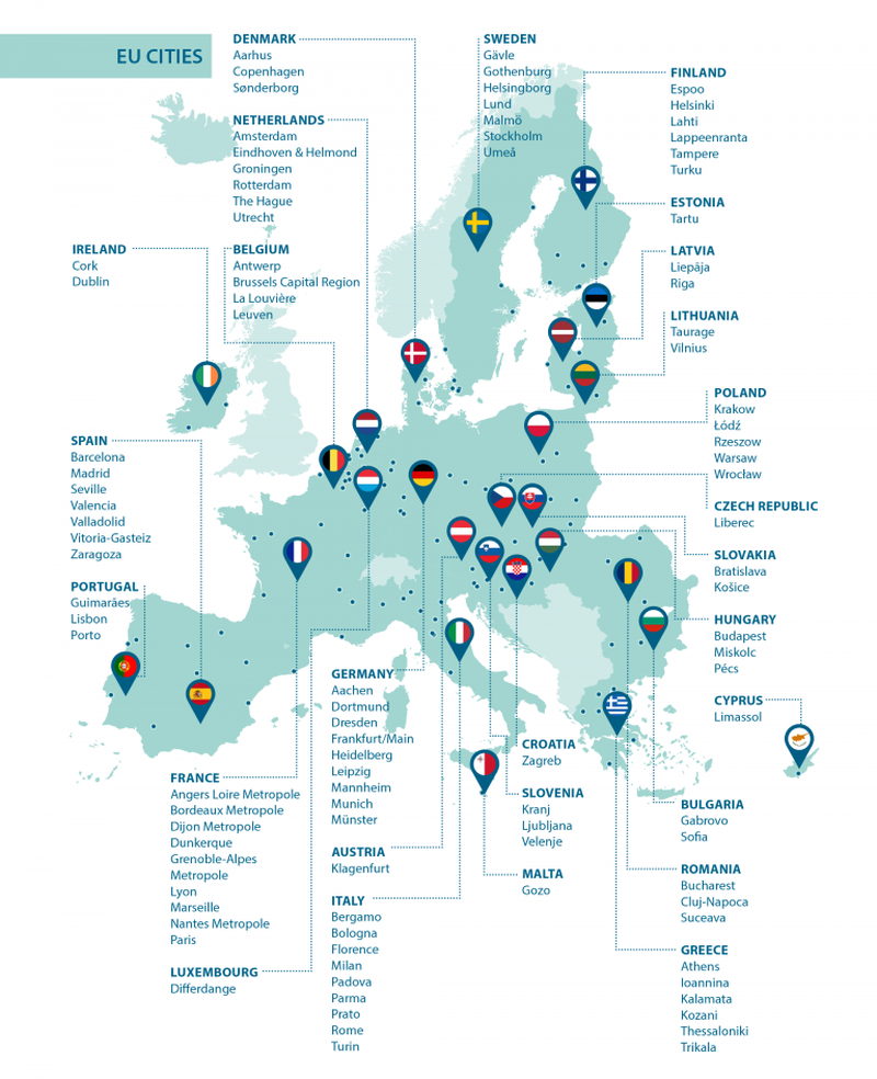 100 klimatui neutralių ir išmaniųjų miestų. Pav.: EU Komisijos. 