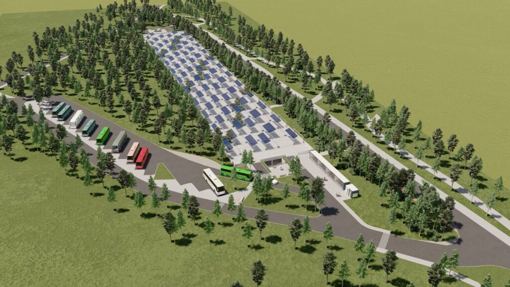 Dviejų lygių automobilių saugyklą su saulės jėgaine Nidoje (arch. „SRP projektas“).