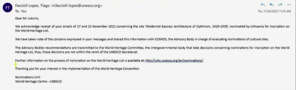 UNESCO atstovės Tiago Faccioli Lopes laiško Nerijui Jukoniui faksimilė (kopija iš Facebook grupės „Architektūros forumas“) 