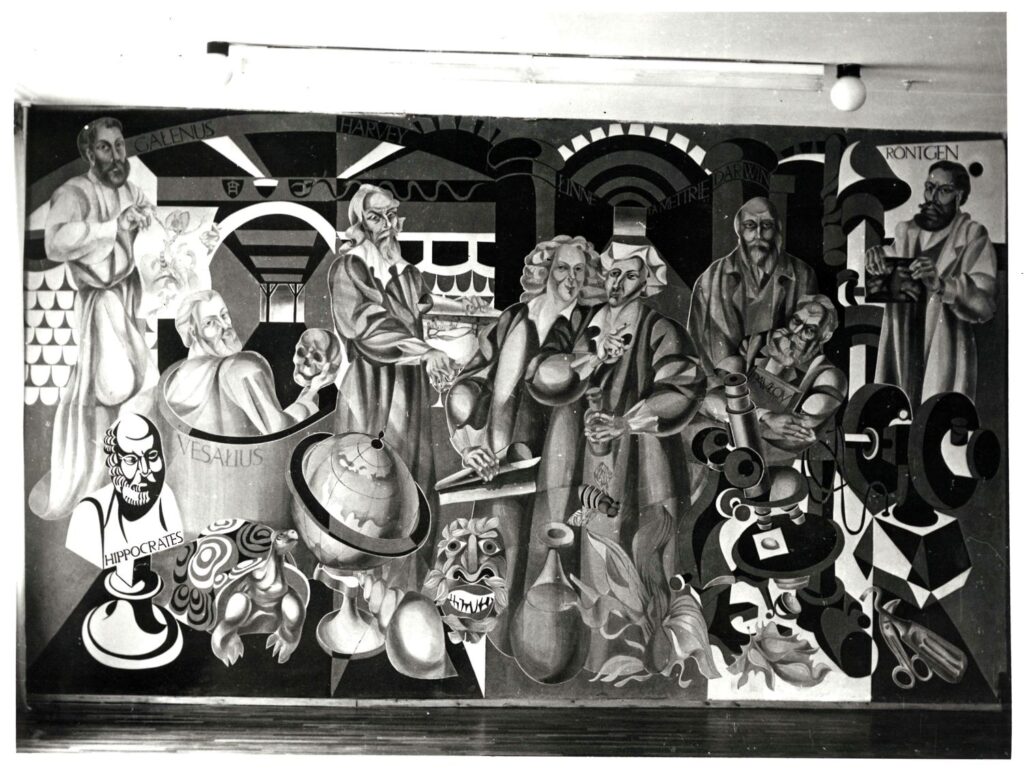 Iš parodos „Kasdienybės blyksnis. XX a. II pusės interjerų tendencijos“. Freska ligoninės konferencijų salės interjere, Klaipėda. Autorius ir data nenustatyti. Nuotraukos autorius S.Keparutis, 1984 m.