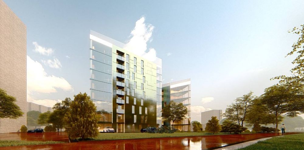 Du daugiabučiai gyvenamieji namai su gydymo paskirties patalpomis ir požemine automobilių saugykla (arch. R.Adomaitis, E.Janutauskas).