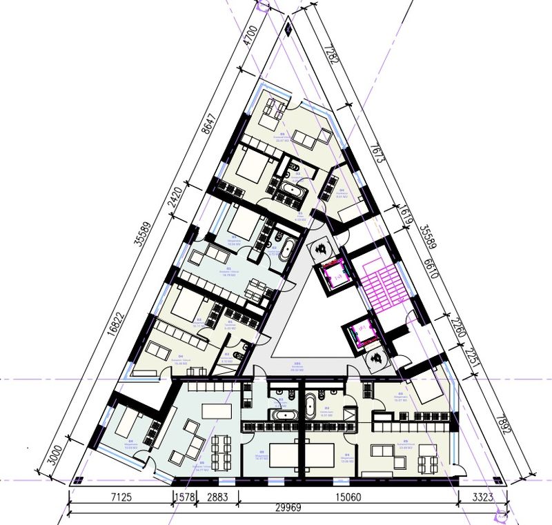 Vieno iš daugiabučių P.Lukšio g. 66 tipinis planas (arch. R.Adomaitis, E.Janutauskas).