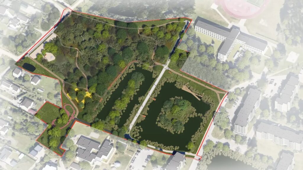 Tvenkinių parkas Salininkuose (arch. Vilniaus vystymo kompanija).