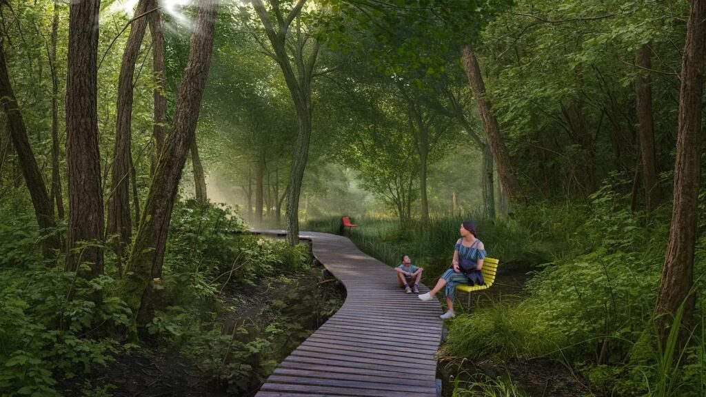 Tvenkinių parkas Salininkuose (arch. Vilniaus vystymo kompanija).