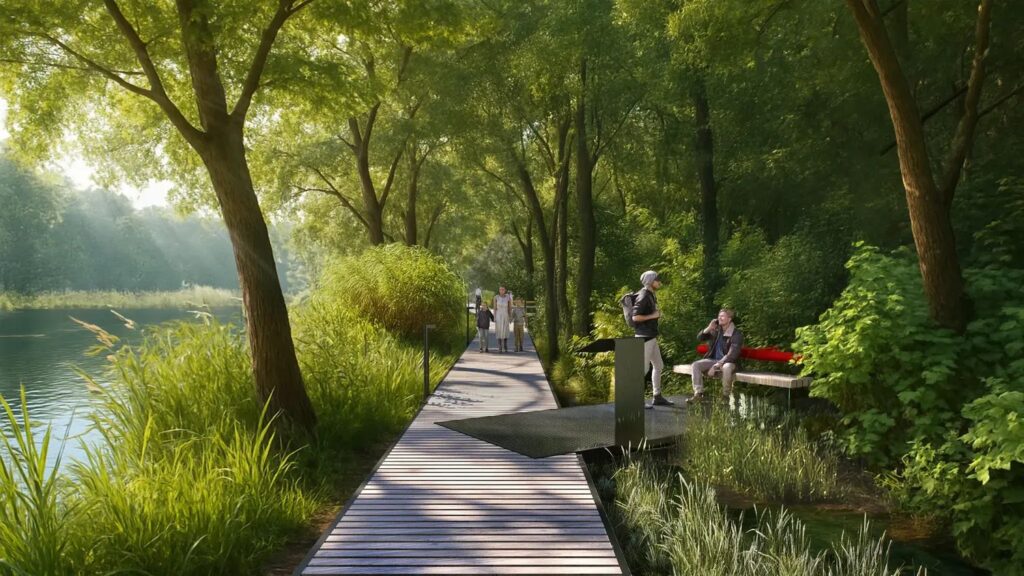 Tvenkinių parkas Salininkuose (arch. Vilniaus vystymo kompanija).