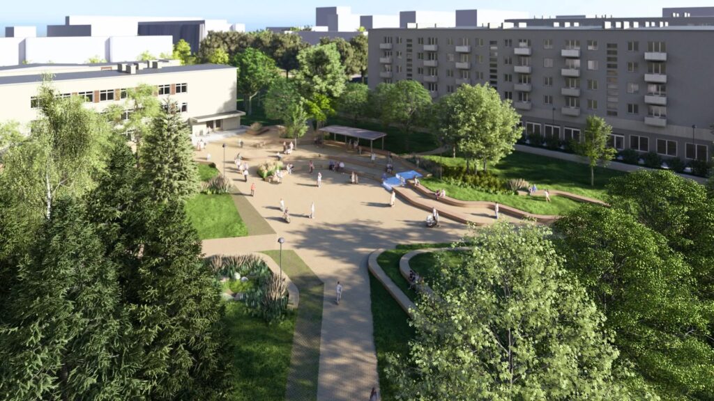 Aikštė prie Naujosios Vilnios kultūros centro (arch. Vilniaus vystymo kompanija).